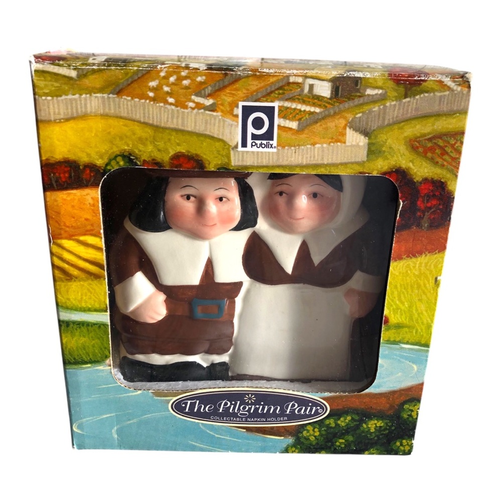 Publix Collectibles - Vintage 2002 The Pilgrim Pair Ceramic Napkins Holder
